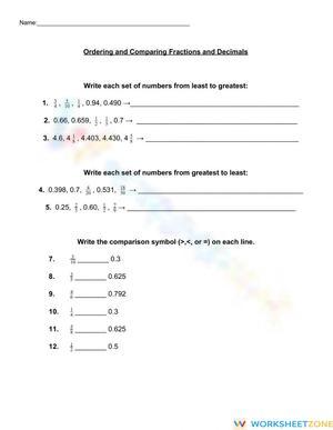 Compare Fractions and Decimals Worksheet