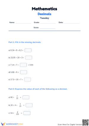 Essential Decimals Practice Worksheet | Grade 4 Aligned