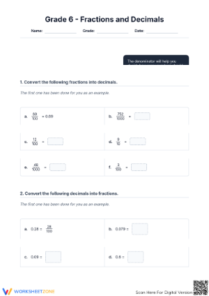 Printable Converting Fractions and Decimals Worksheet