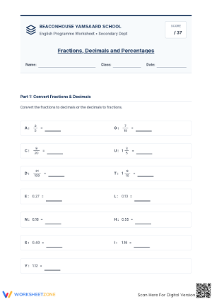 Printable Fractions & Decimals Worksheet | Grades 8-10 Math