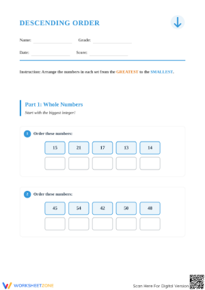 Grade 1 Descending Order — Printable No-Prep Worksheet