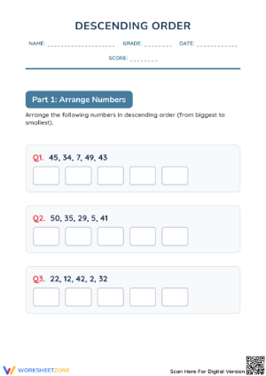 Printable Descending Order 1-50 Worksheet | Grade 1 Math