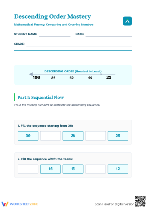 Descending Order within 30 Worksheet | Printable Math