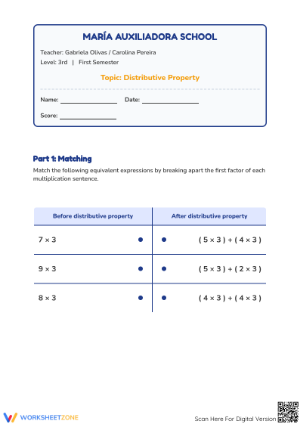 Grade 3 Distributive Property — Printable No-Prep Worksheet