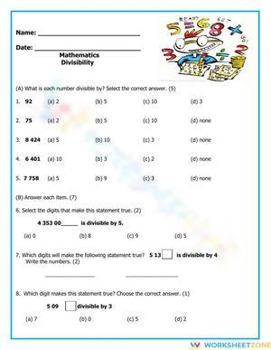 Divisibility Practice Worksheet for Math Students