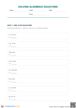 Printable One-Step Equations Worksheet | Grade 6 Math