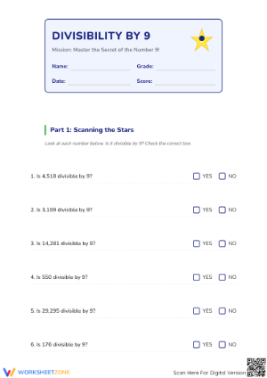 Essential Divisibility by 9 Worksheet | Grade 4 Printable