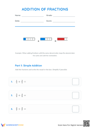 Complete Addition of Fractions Worksheet | Grade 4 Aligned