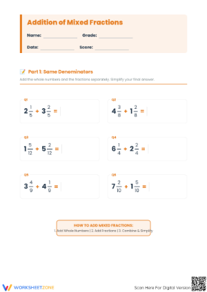 Essential Practice: Addition of Mixed Fractions Worksheet