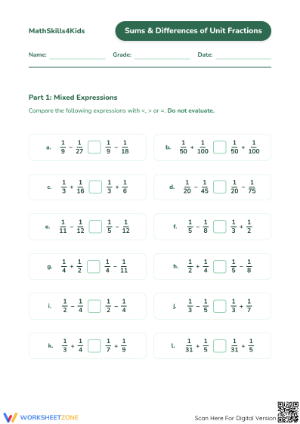 Printable Sums and Differences of Unit Fractions Worksheet