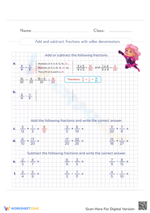 Add and Subtract Fractions Practice