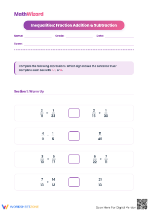 Printable Fractions Inequalities Worksheet | Grade 5 Math