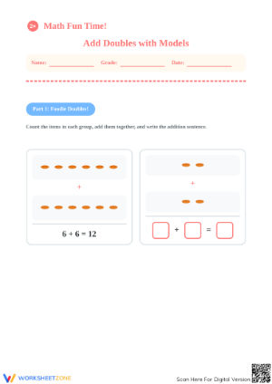 Grade 1 Add Doubles with Models — Printable Worksheet