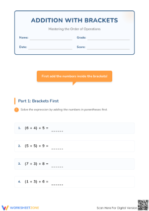 Printable Addition with Brackets Worksheet | Grade 3 Math