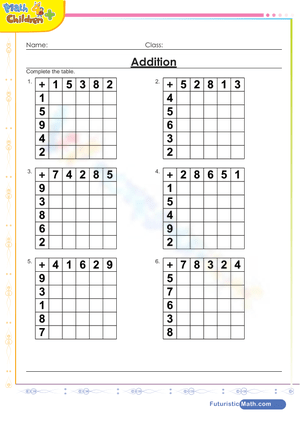 Addition Table Drill Practice Sheet