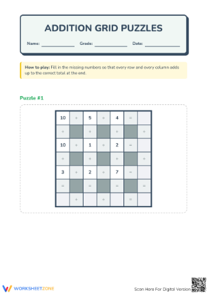 Printable Addition Grid Puzzles | Grade 2 Math