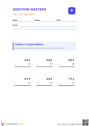 Grade 4 Multi-Digit Addition — Printable No-Prep Worksheet