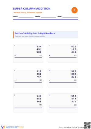 Grade 3 Addition of 4 Numbers — Printable No-Prep Worksheet