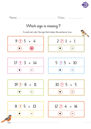 Missing Operation Signs: Grade 1 Printable Math Worksheet