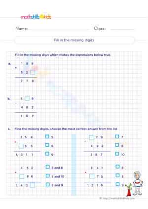 Printable Missing Digits Math Worksheet | Grade 3