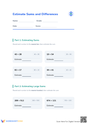 Grade 3 Estimating Sums — Printable No-Prep Worksheet