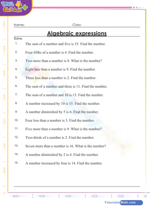 Algebraic Expressions Worksheet Practice