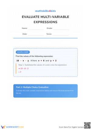 Printable Evaluating Expressions Worksheet | Grade 6 Math