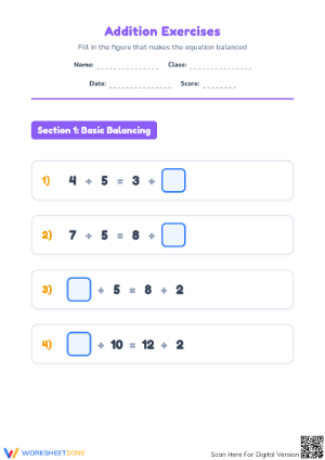 Grade 1 Balancing Equations — Printable No-Prep Worksheet