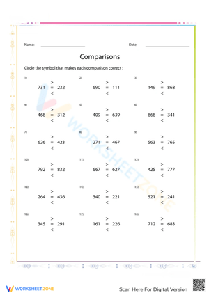 Comparing Numbers Worksheet: Greater, Less, Equal
