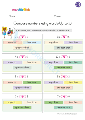 Compare numbers up to 10 using words