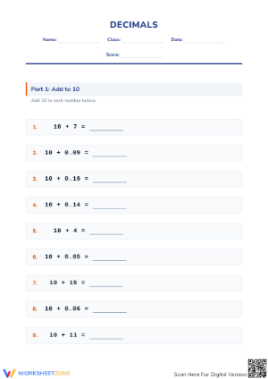 Grade 5 Addition of Decimals — Printable No-Prep Worksheet