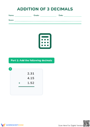 Grade 5 Adding Decimals — Essential No-Prep Worksheet