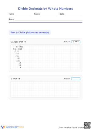 Printable Division with Decimals Worksheet | Grade 5 Math