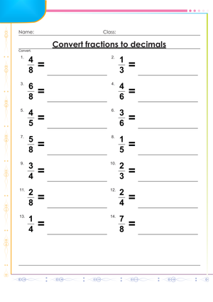 Printable Fraction to Decimal Worksheet | Grade 4 Math
