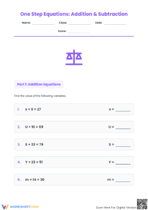 Grade 6 One-Step Equations — Printable No-Prep Worksheet