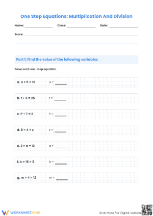 Grade 6 One-Step Equations — Printable No-Prep Worksheet