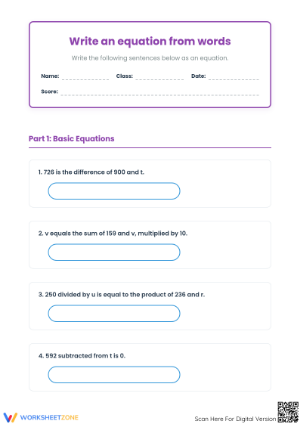 Essential Equation from Words Worksheet | Grade 7 Math