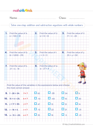 One-Step Equations Practice Worksheet