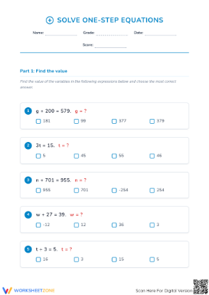 One-Step Equations Printable Worksheet | Grade 6 Math