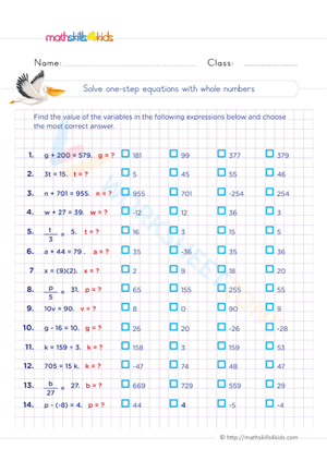 Solve one-step equations with whole numbers