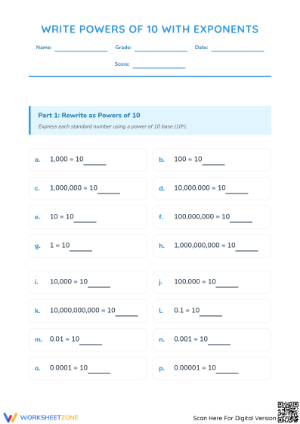 Printable Powers of 10 Worksheet | Grade 6-8 Math