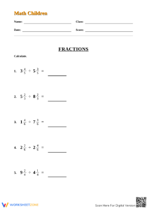 Printable Division of Mixed Fractions Worksheet | Grade 5