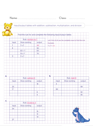 Input/Output Tables Math Worksheet with All Four Operations

