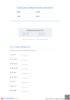 Printable Integer Operations Worksheet | Grade 7 Math