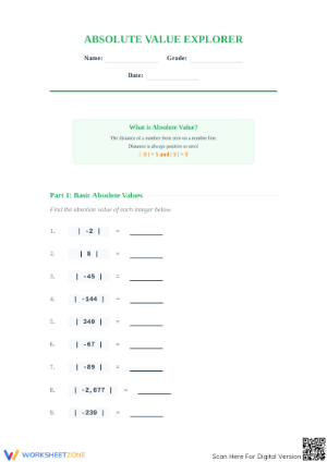 Printable Absolute Value Worksheet | Grade 6 Math