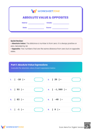 Printable Absolute Value Worksheet | Grade 6 Math