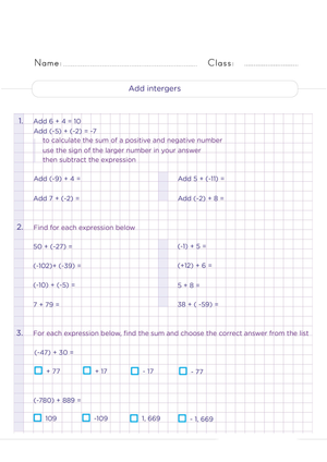 Add Integers Worksheet for Math Practice