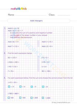Add Integers Worksheet for Math Practice