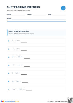 Printable Subtracting Integers Worksheet | Grade 7 Math