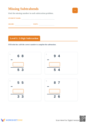 Printable Missing Number Subtraction Worksheet | Grade 2